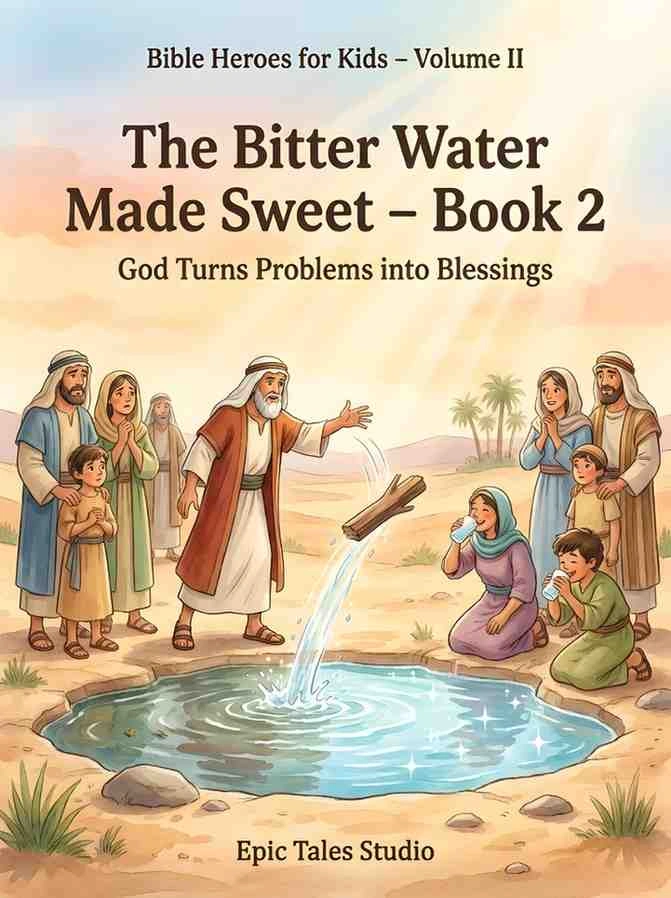 Moses throwing wood into the bitter waters of Marah to make it clean and sweet, 3D Pixar style Bible story for kids.