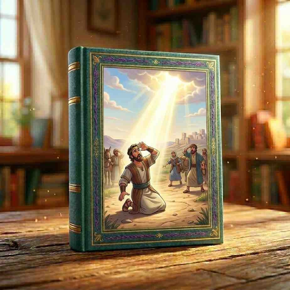 Saul blinded by a dramatic heavenly beam of light on the road to Damascus, 3D Pixar style Bible hero story.