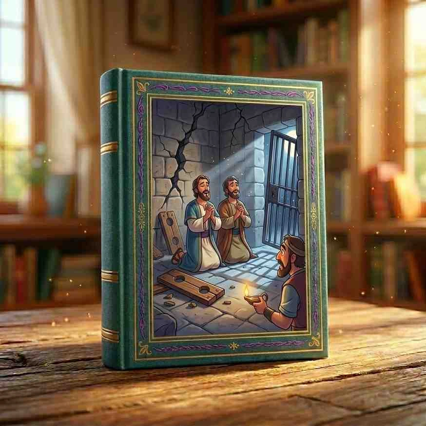 Paul and Silas praying as a dramatic earthquake shakes the ancient prison walls, animated Bible adventures for children.