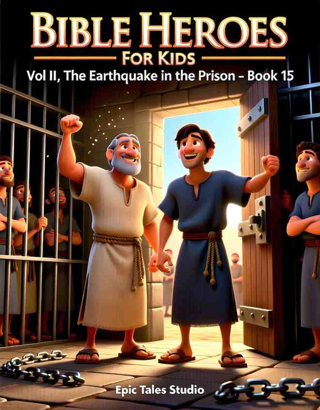 Paul and Silas praying as a dramatic earthquake shakes the ancient prison walls, animated Bible adventures for children.