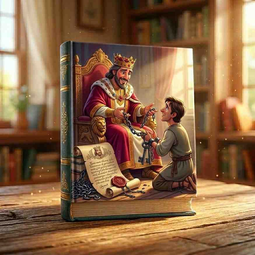 Parable of the unmerciful servant showing a benevolent ancient king granting forgiveness, 3D animated Bible stories.