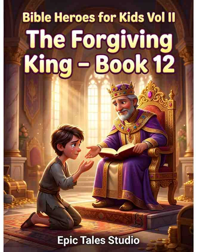 Parable of the unmerciful servant showing a benevolent ancient king granting forgiveness, 3D animated Bible stories.
