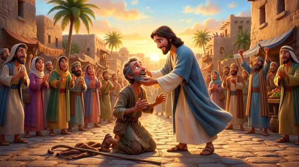 Heartwaming 3D cartoon banner showing a joyful, healed Bartimaeus looking into the kind face of Jesus on a bright, sunlit Jericho road.