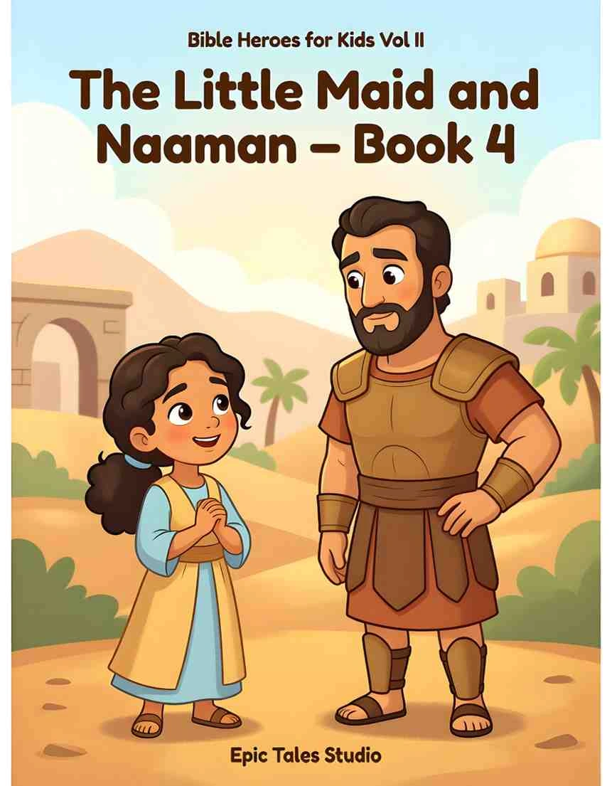 The young Israelite servant girl talking to the Syrian commander Naaman, 3D Pixar style biblical character scene.