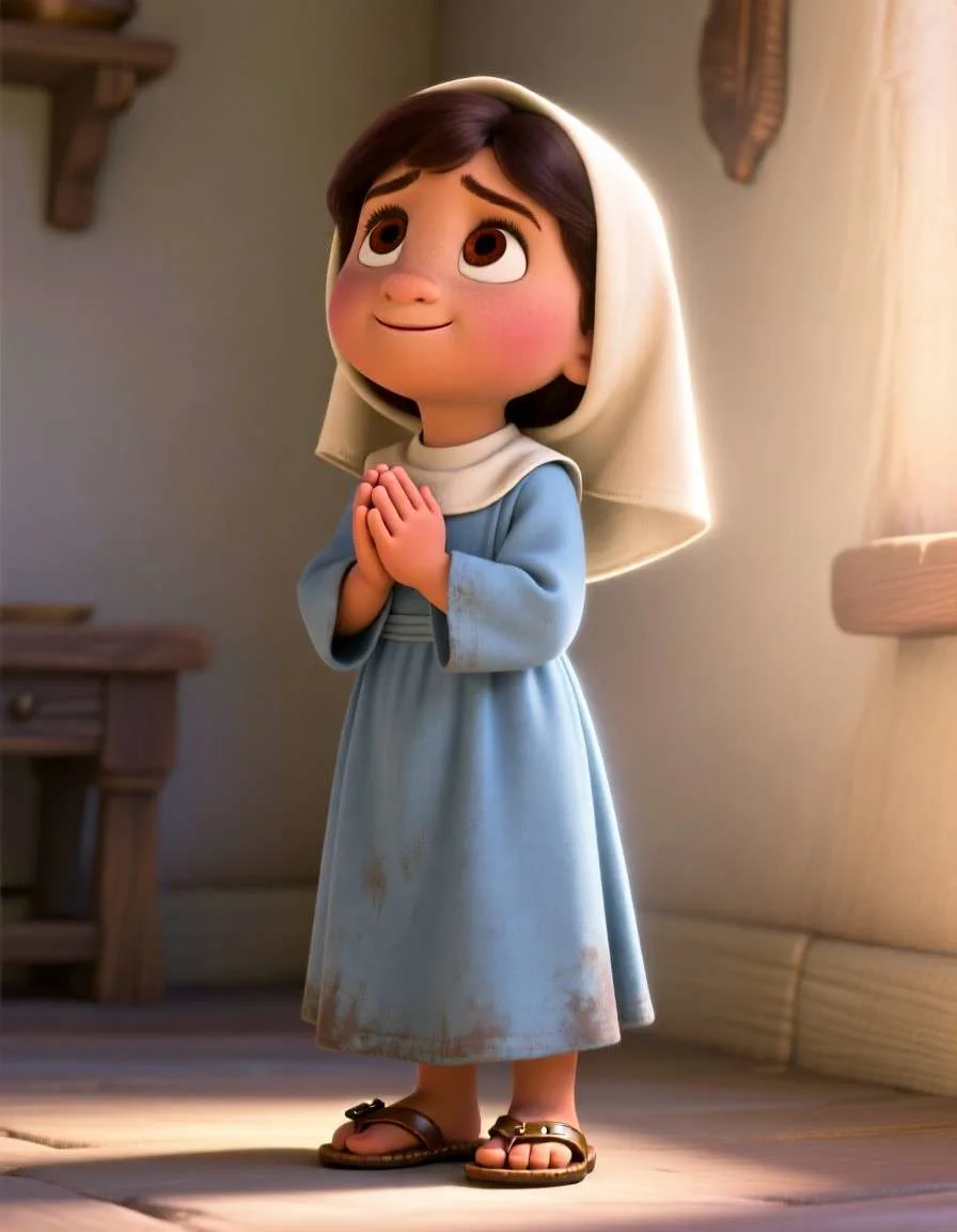 2D storybook digital art of the little maid looking up toward the light with folded hands, praying with a simple faith.