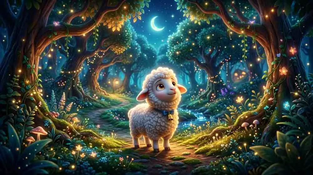 Beautiful 3D fairytale style banner showing a little white lamb standing safely under a bright glowing moon inside a magical, lush green forest.