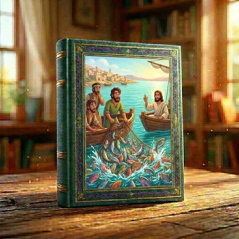 Disciples on a wooden boat pulling up overflowing nets bursting with fish, cinematic 3D Pixar style Bible story.