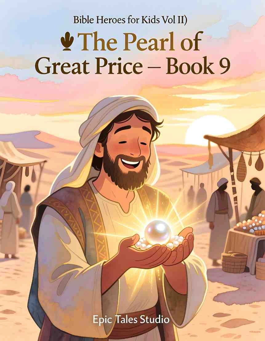 A joyful merchant holding up a brilliant glowing pearl of immense value in a sunny ancient market, 3D cartoon style.