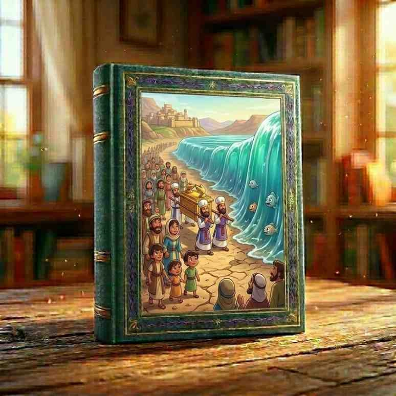 The priests carrying the Ark of the Covenant as the Jordan River miraculously parts, historic Old Testament stories for kids.