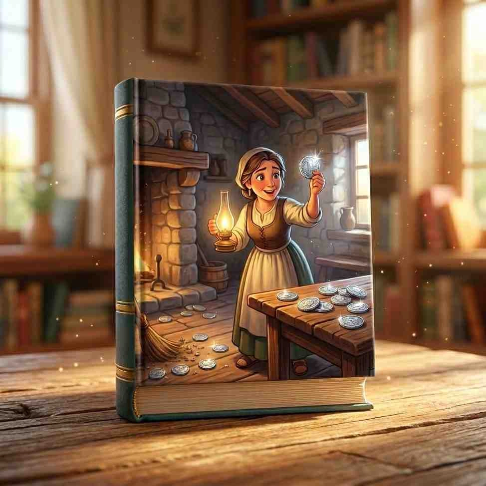 3D animated character illustration of a joyful woman finding her lost silver coin inside a cozy, dimly lit ancient house.