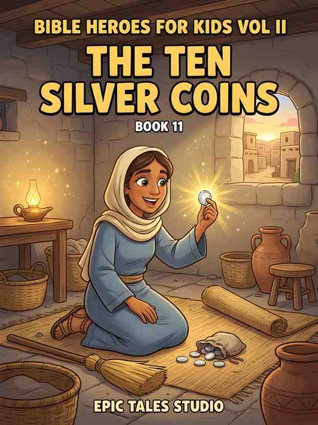 3D animated character illustration of a joyful woman finding her lost silver coin inside a cozy, dimly lit ancient house.