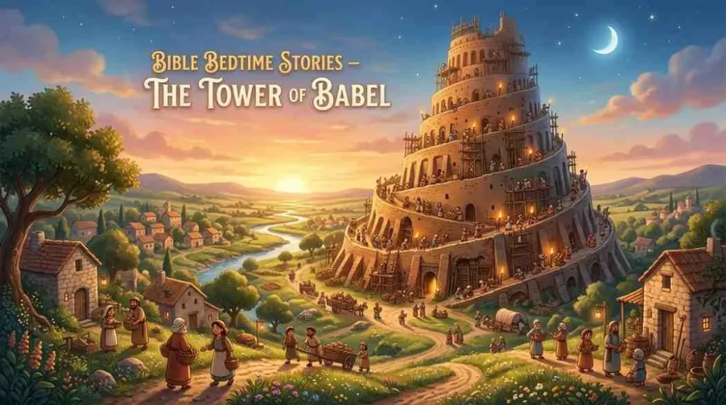 Soothing 3D bedtime animation illustration of the Tower of Babel winding up toward a soft sunset sky with a glowing crescent moon, featuring families walking along a peaceful path.