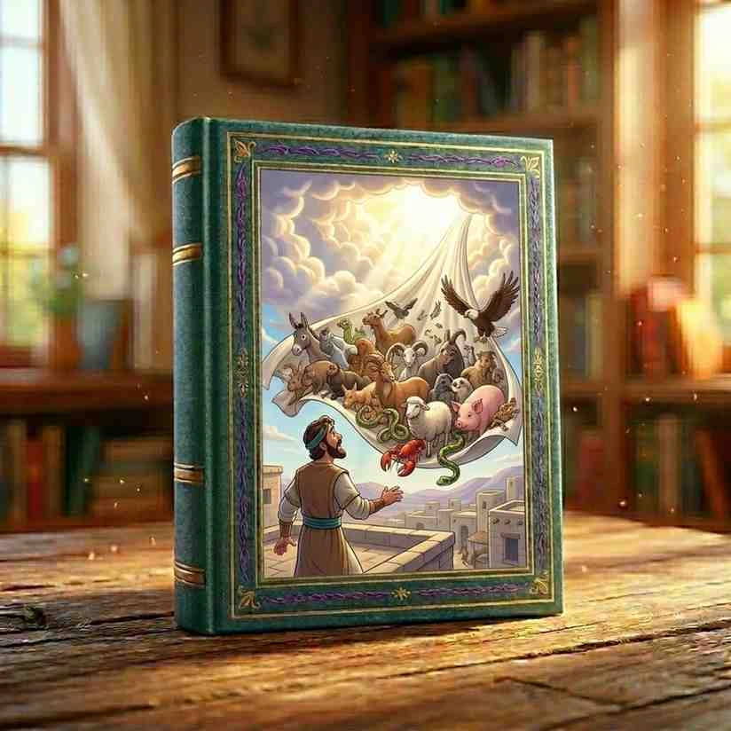 Peter witnessing the symbolic large sheet lowering from heaven filled with animals, cinematic 3D cartoon style layout.