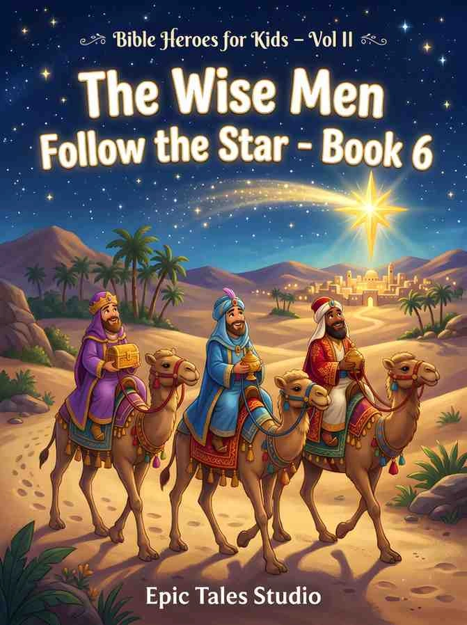 Three wise men riding camels across golden desert dunes guided by a brilliant, shining Christmas star, cinematic 3D style.