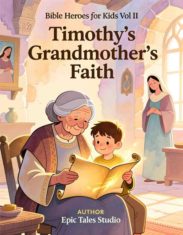 A loving grandmother teaching a young Timothy from sacred parchment scrolls in a warm, cozy ancient room, 3D Pixar style.
