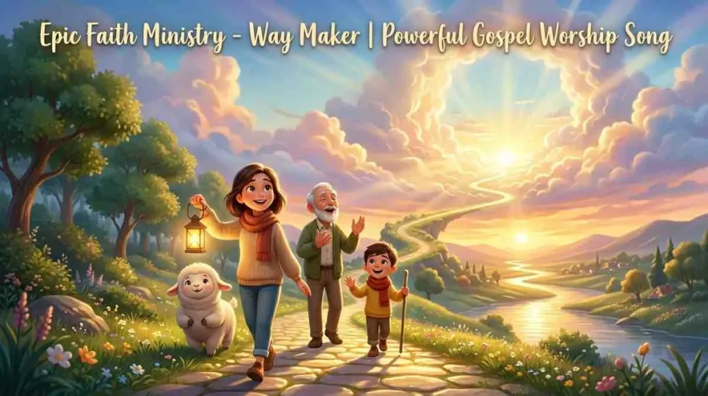 A family walking together down a winding pathway that leads directly toward a glowing, beautiful sunset horizon.