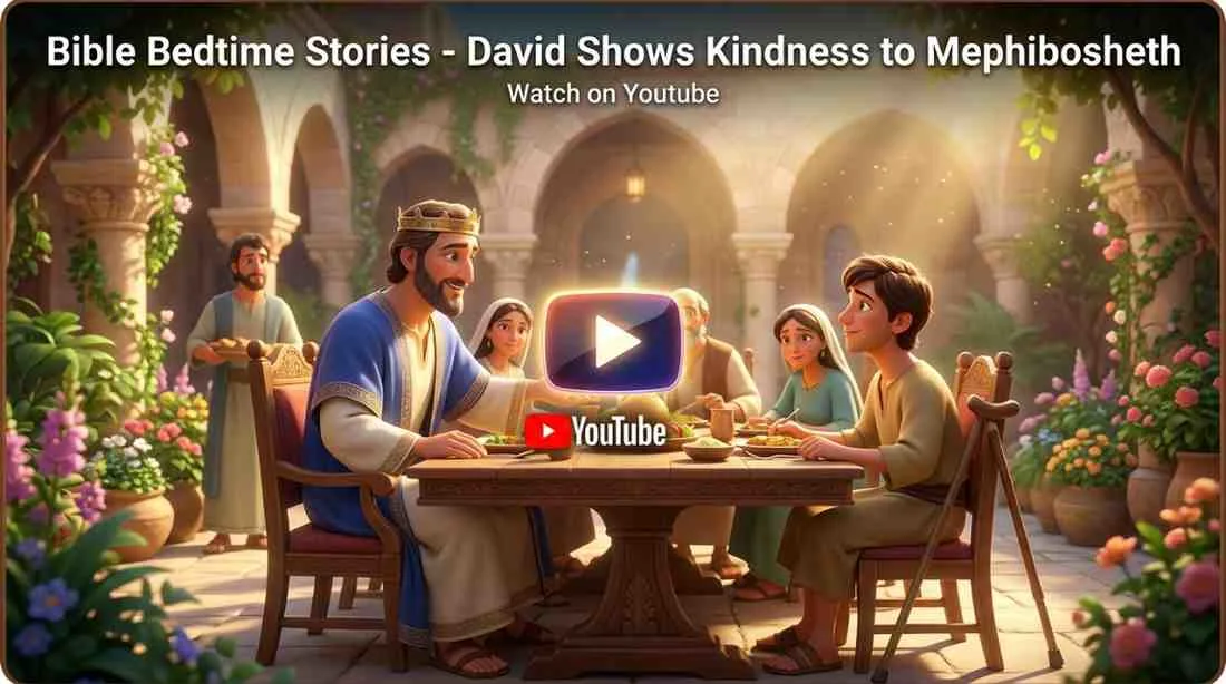 King David sits at a grand wooden dining table filled with food, smiling as he shares a meal with a young man in a beautiful courtyard.