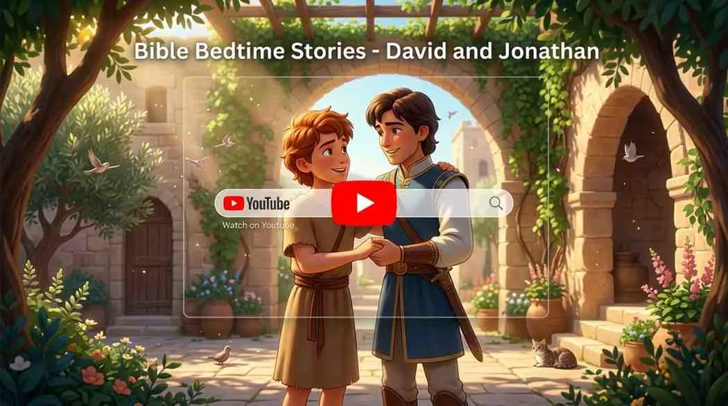 Two young men standing together as friends, holding hands and smiling in a beautiful garden courtyard outside a stone archway.