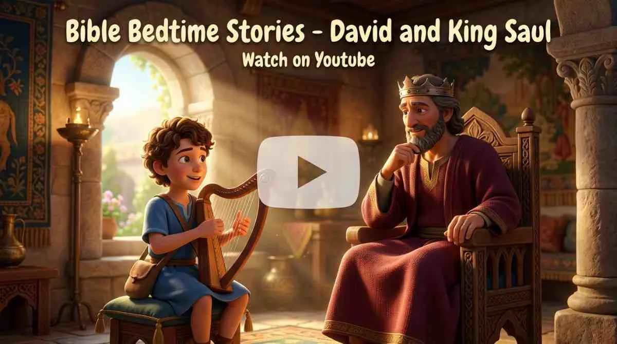 A young David sits playing a wooden harp inside a palace room, while King Saul sits listening thoughtfully on his throne.