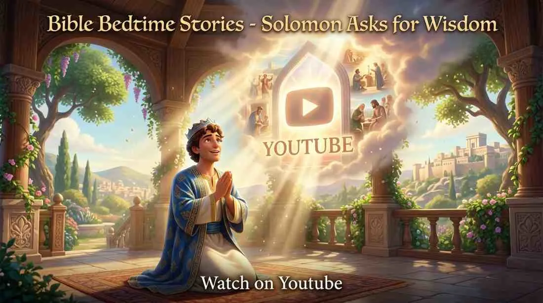 A young Solomon kneels in prayer on a palace balcony as a brilliant, divine light beams down from heaven through the clouds.
