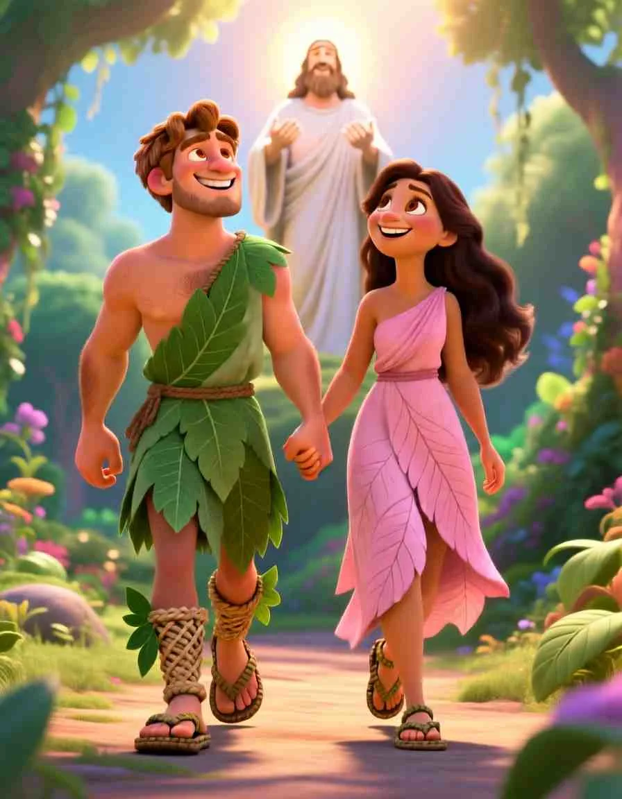 Adam and Eve in the Garden of Eden – Animated Bible Adventure Cinematic 3D animation still of Adam and Eve looking at the tree in the center of the garden.