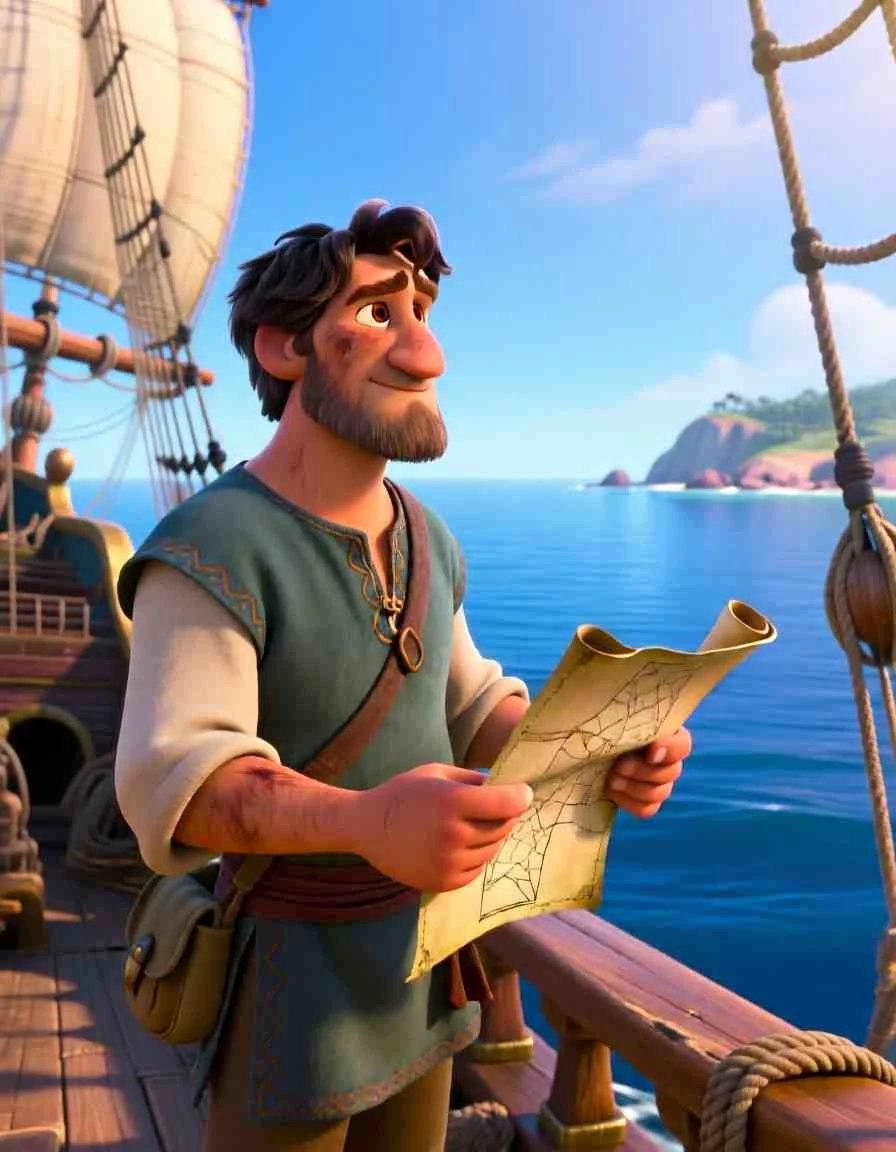 Apostle Paul standing on a sailing ship over the blue sea, holding a map scroll and traveling to share the gospel.