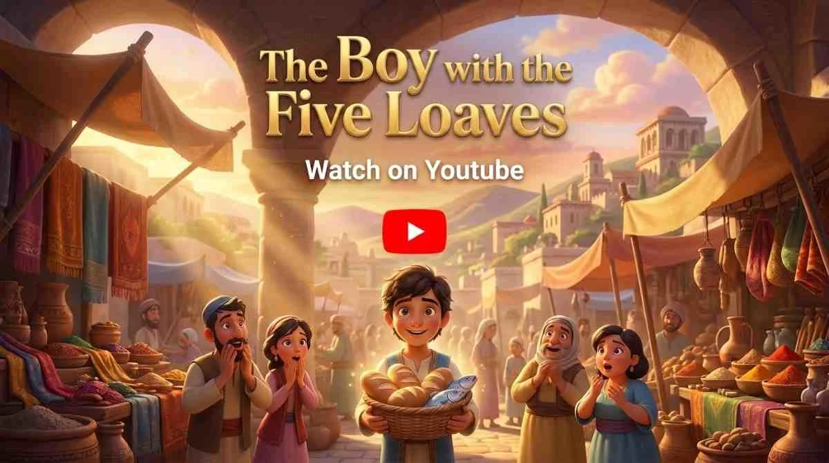 3D animation banner of a young boy holding bread baskets to feed the thousands with a YouTube play button.