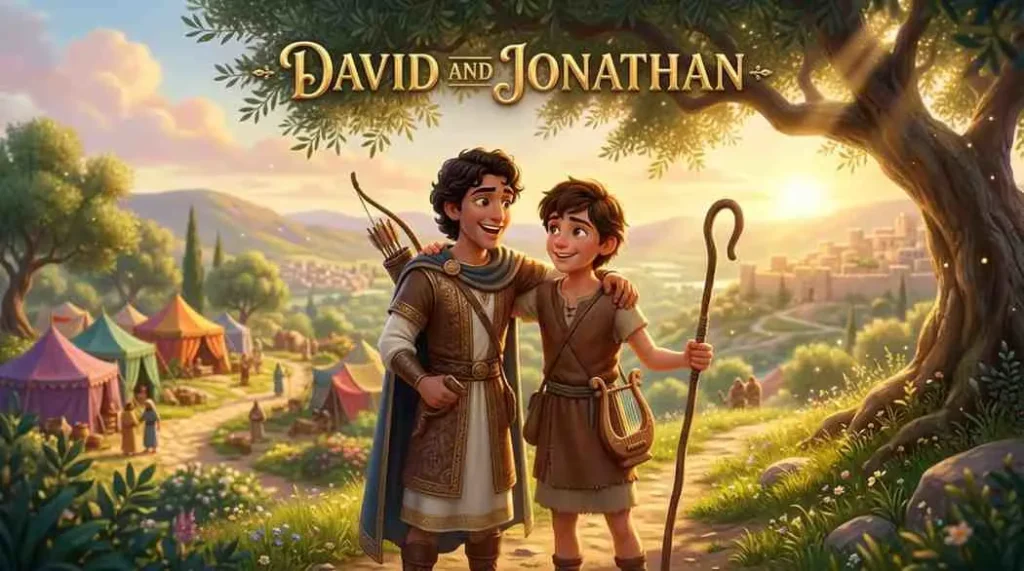 3D Pixar-style digital illustration of a young shepherd boy named David standing happily with his wooden staff in a beautiful green valley