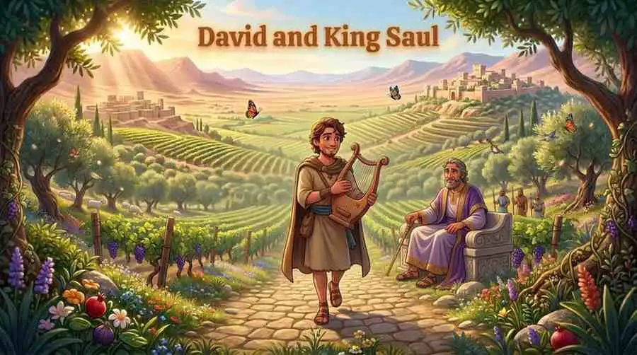 3D Pixar-style digital illustration of a young, curly-haired boy named David standing happily on a cobblestone street with a large wooden harp resting on the ground beside him.