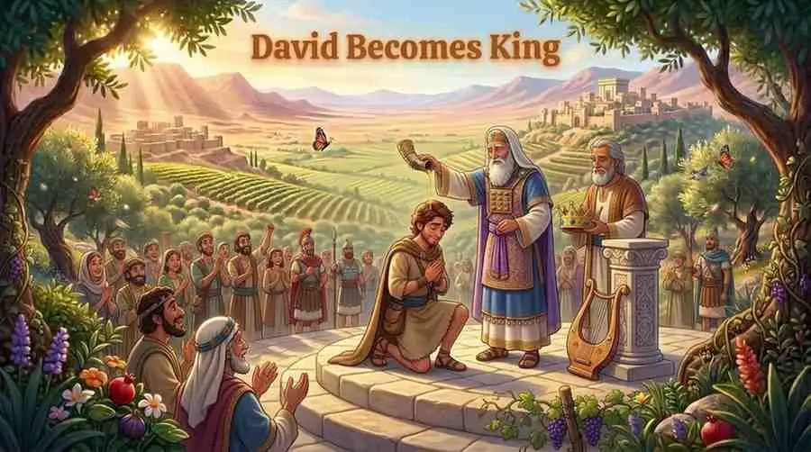 3D Pixar-style digital illustration of a kingly man named David wearing a golden crown and a regal purple robe over white garments