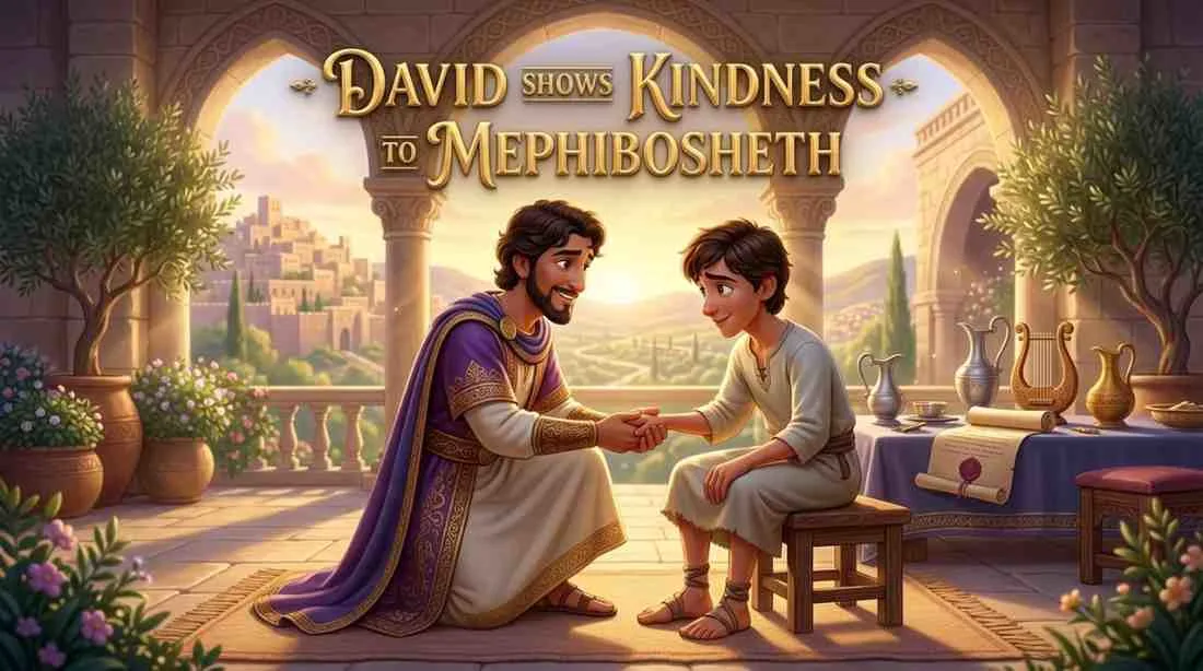 3D Pixar-style digital illustration of King David in a majestic blue robe standing in his palace hallway, smiling and welcoming others with an open hand.