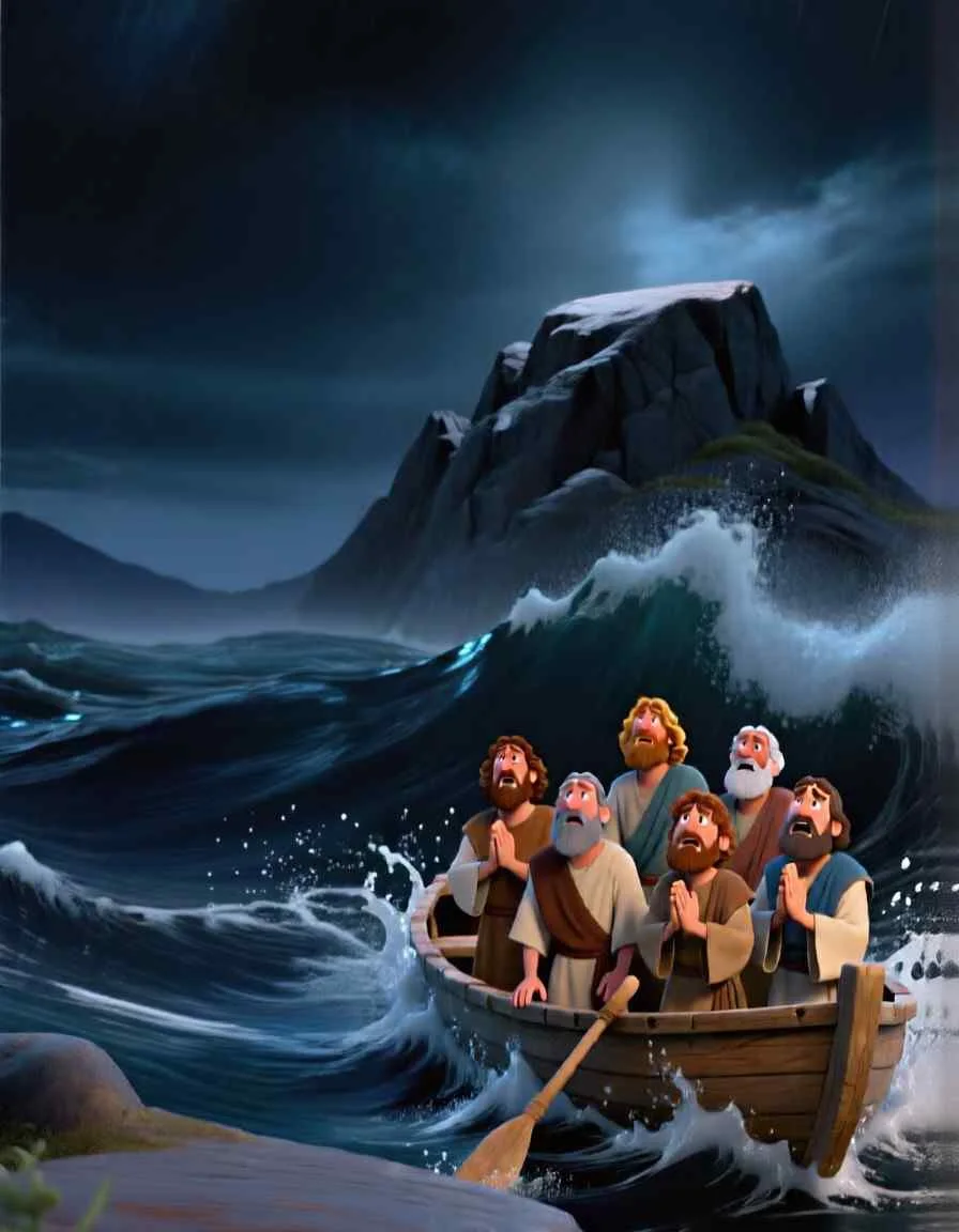 Jesus Walks on Water – Animated Bible Adventure Cinematic 3D animation still of the disciples navigating their wooden boat through dark, massive ocean waves.