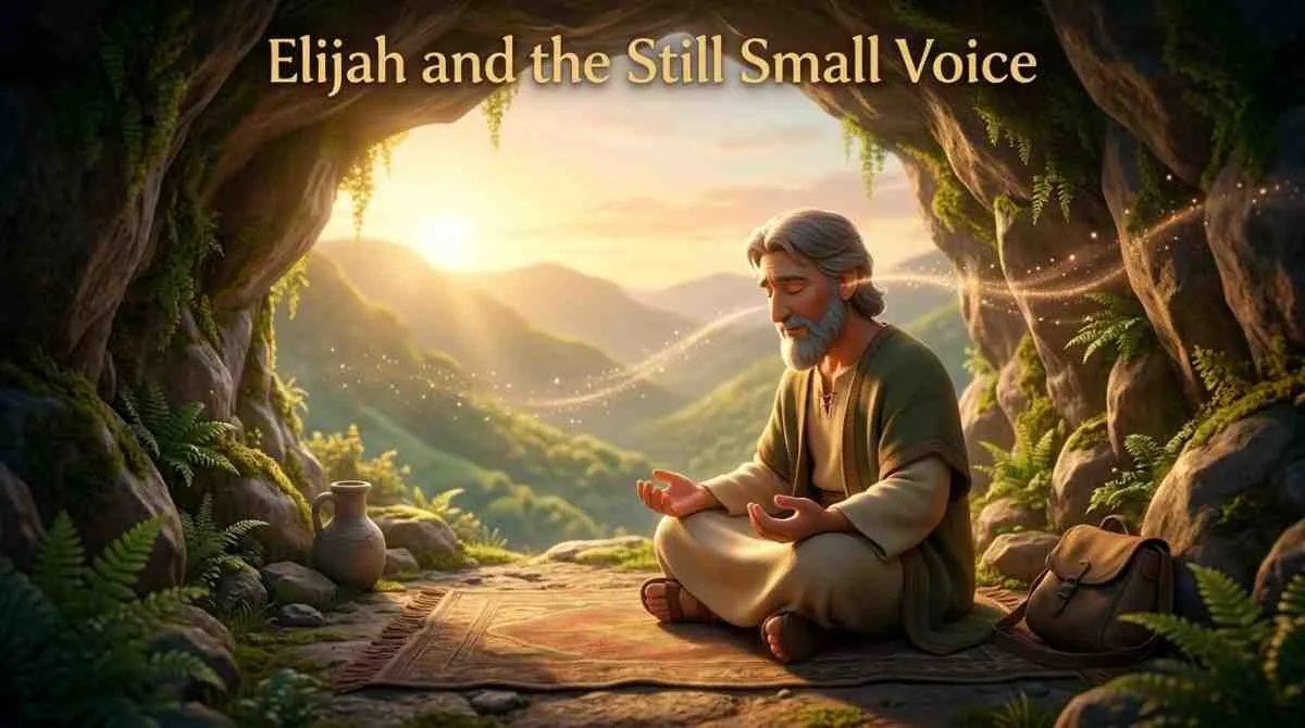 3D Pixar-style digital illustration of a man named Elijah in a beige tunic standing outside a mountain cave under a clear blue sky