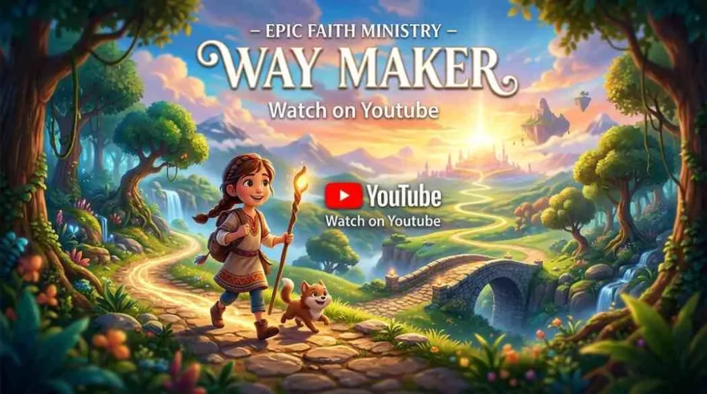 A young traveler holding a walking staff hikes along a winding dirt path through a magnificent, sun-drenched valley with a small stone bridge.