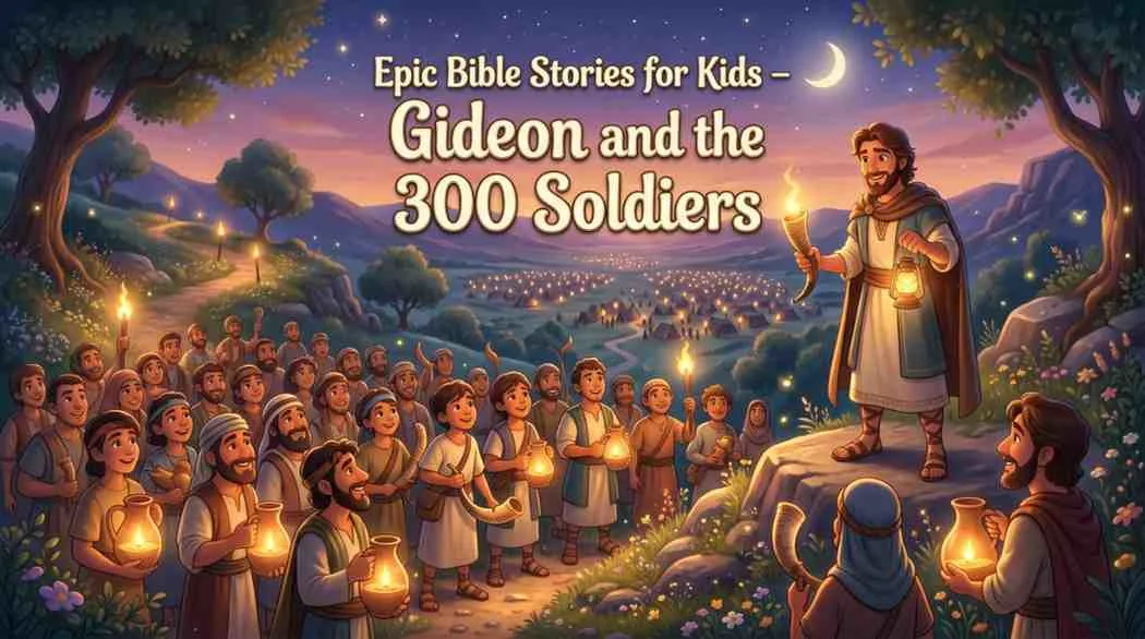 3D Pixar-style illustration of Gideon standing on a rock holding a blazing torch, addressing his army of 300 alert soldiers holding glowing jars under a starry night sky.