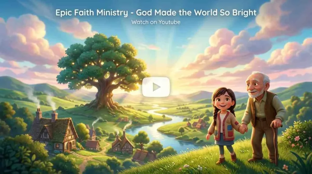 An old man and a young girl holding hands, looking out at a vibrant, sunlit fantasy landscape with a massive tree and a small cottage.