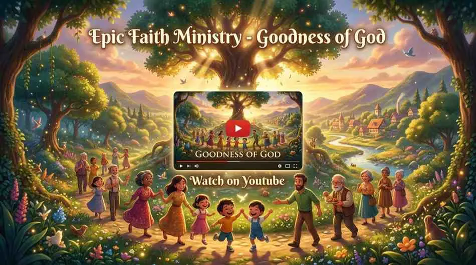 A joyful group of children and adults gathered around a large, glowing tree in a lush green valley celebrating the goodness of God.
