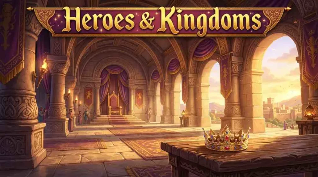 3D Pixar-style digital illustration of a grand ancient palace throne room with majestic stone pillars, rich purple drapery, and a golden crown resting on a wooden table.