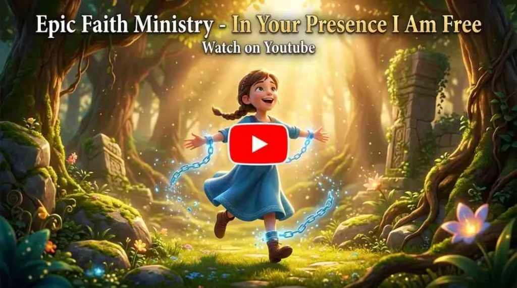 A young girl in a blue dress happily skipping through a sun-drenched, magical forest as broken chains fall away from her hands.