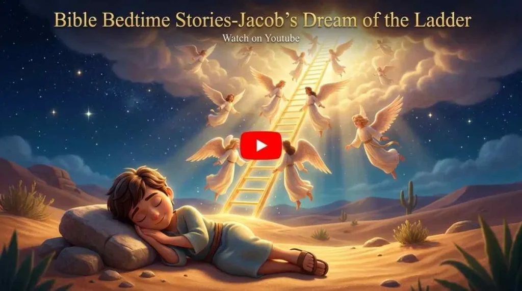 Jacob’s Dream of the Ladder – Calm Bedtime Bible Story Cinematic 3D animation banner showing Jacob sleeping soundly under a starry night sky with a glowing heavenly ladder and a YouTube play button.