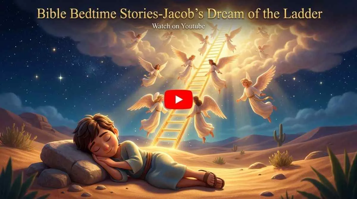 Cinematic 3D animation banner showing Jacob sleeping soundly under a starry night sky with a glowing heavenly ladder and a YouTube play button.