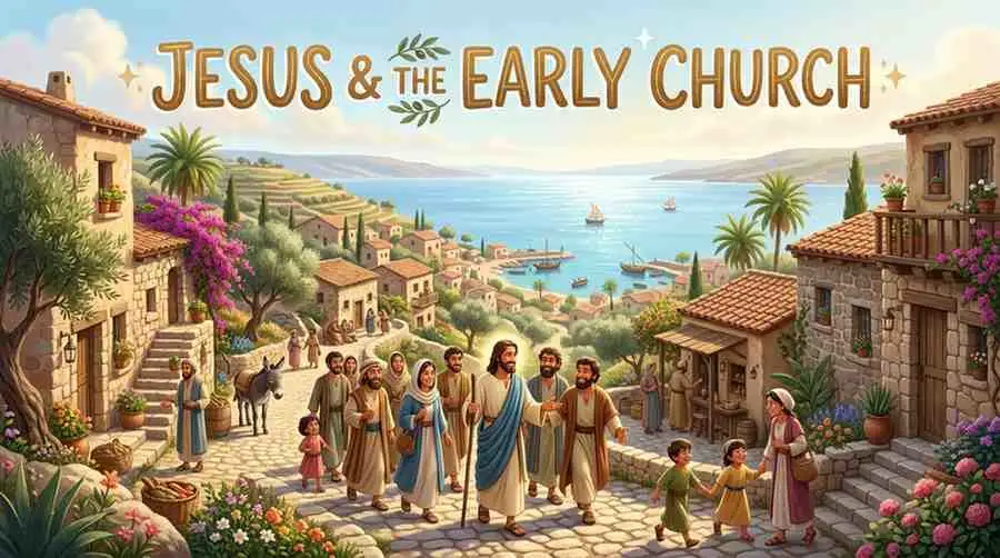 3D Pixar-style digital illustration of a sun-kissed Mediterranean coastal village path near the Sea of Galilee with rustic stone houses, green olive trees, and gentle morning light.