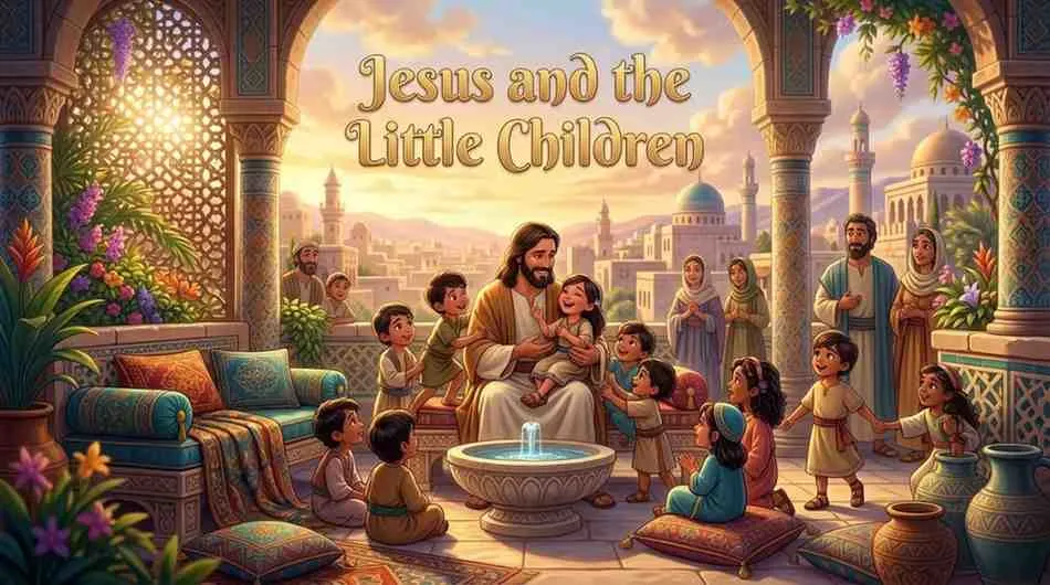 3D Pixar-style digital illustration of Jesus sitting beneath an olive tree, smiling and welcoming groups of happy young children with open arms