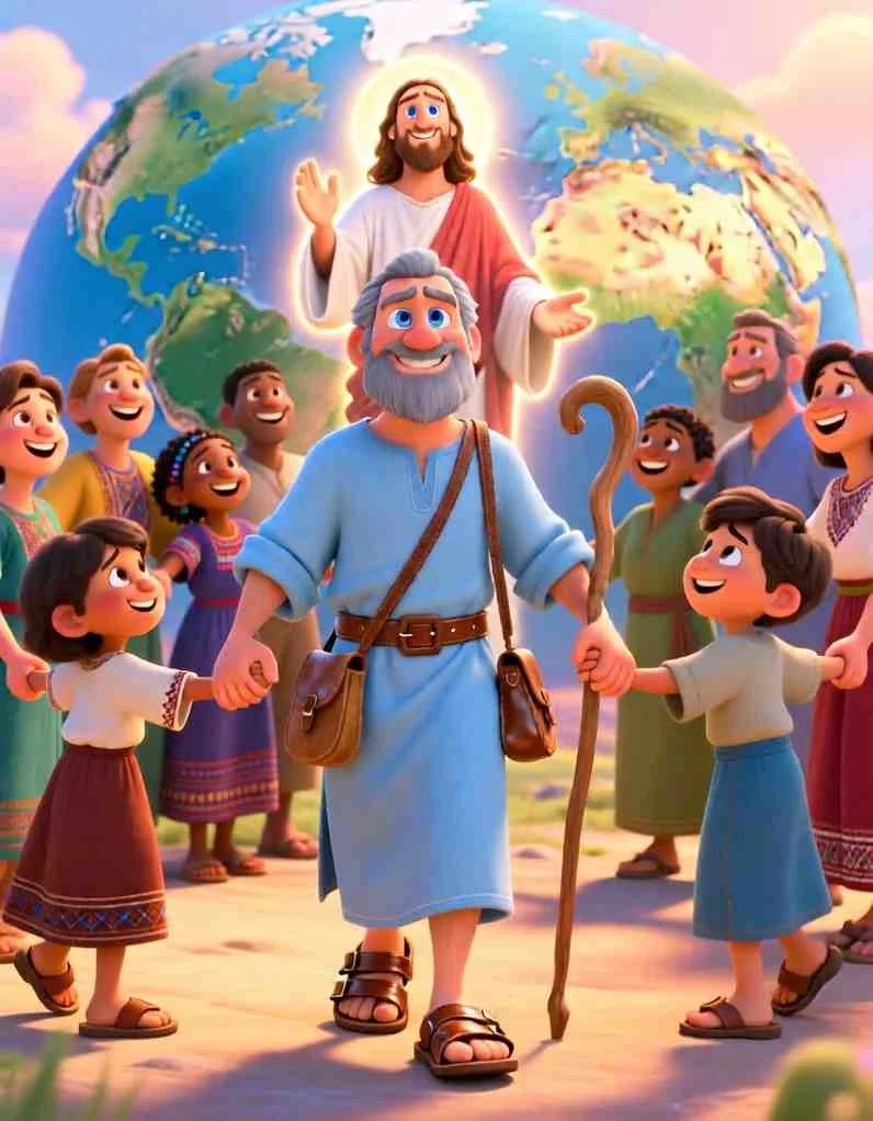 Peter holding hands with diverse children in front of Jesus and a giant globe, celebrating that God's love is for everyone.