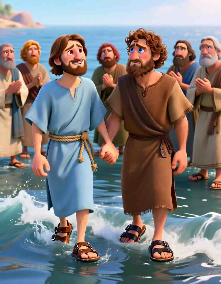 Jesus Walks on Water – Animated Bible Adventure Cinematic 3D animation still of Jesus holding Peter's hand safely on top of the ocean waves during a storm.
