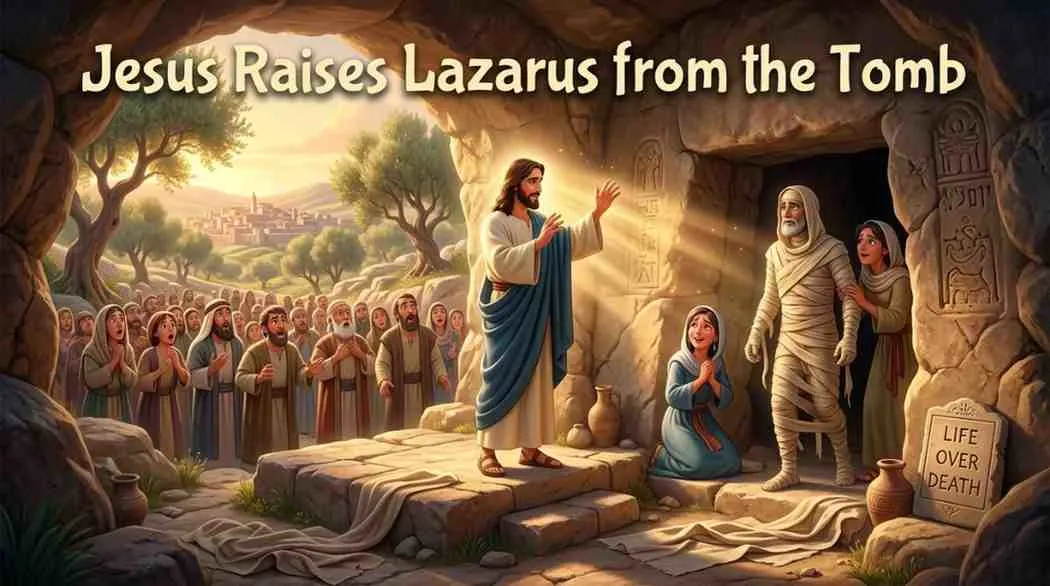 3D Pixar-style digital illustration of Jesus standing before a tomb entrance, hands raised while a crowd looks on in amazement as Lazarus steps out
