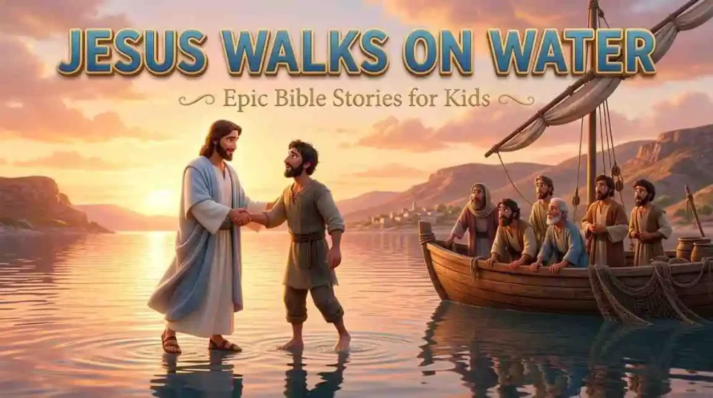 3D Pixar-style illustration of Jesus holding Peter's hand as they walk on water near the disciples' boat during a sunset on the Sea of Galilee.