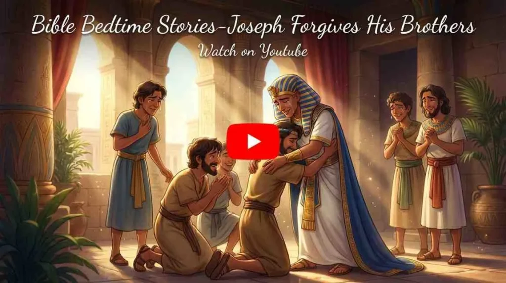 Joseph Forgives His Brothers – Calm Bedtime Bible Story Emotional cinematic 3D animation banner of Joseph gently forgiving and embracing his brothers inside an ancient hall with a YouTube play button.