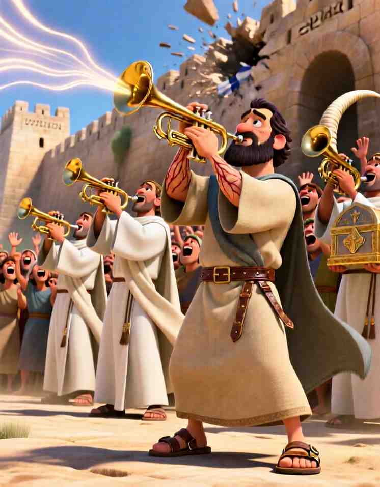 Joshua and the Battle of Jericho – Animated Bible Adventure Cinematic 3D animation still of an Israelite leader blowing a ram's horn trumpet outside Jericho.