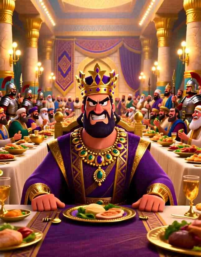 King Belshazzar sitting at a long banquet table in a grand Babylonian palace hall, surrounded by food, music, and guests